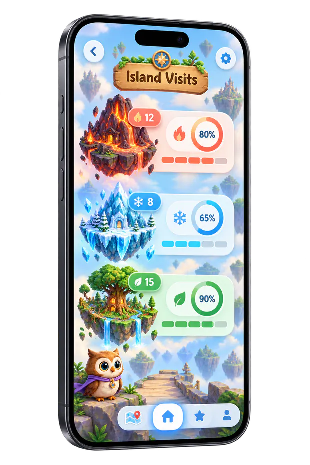 Pantalla de Visitas y aprendizaje por isla